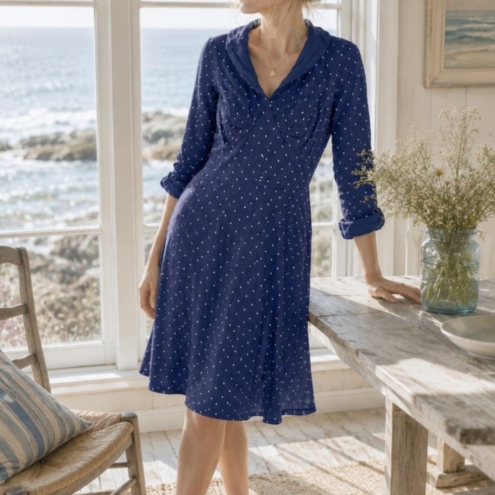 Polka Dot Fit & Flare Midi Dress Medium Blue Nautical Pin Up Retro Trad Feminine